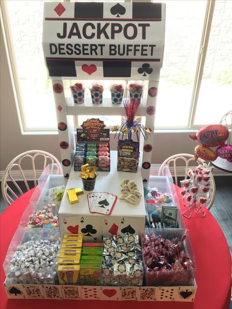 Casino Theme Food, Casino Candy Table Ideas, Jackpot Birthday Theme, Sweet 16 Casino Theme, Casino Favors Ideas, Diy Poker Party Decorations, Casino Dessert Table Ideas, Las Vegas Sweet 16 Themed Parties, Casino Night Games