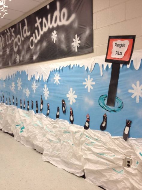 something like this for the walls and to line the bookshelf area Frosty The Snowman School Hallway Decorations, Penguin Hallway Decorations, Winter Themed School Hallway, School Winter Decorations, Winter Wonderland Hallway School, Winter Wonderland Decorations For School, Winter Wonderland School Hallway, Winter Hallway Decorations School, Arctic Decorations