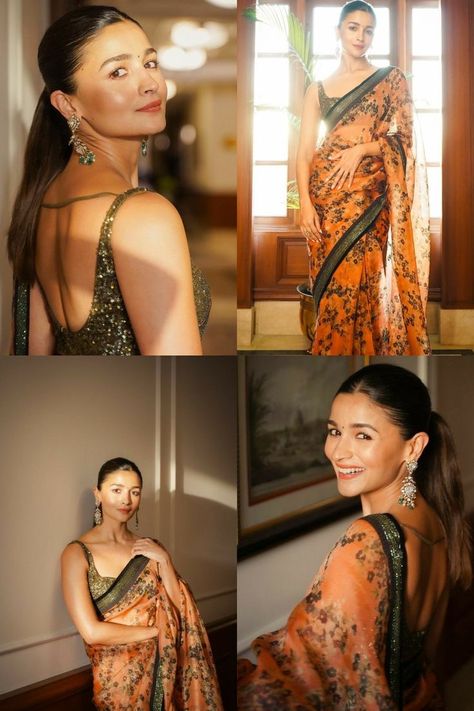 Alia Bhatt Saree Blouse Back, Net Saree Poses Photoshoot Ideas At Home, Photoshoot On Saree, Alia Bhatt Saree Blouse Designs, Alia Bhatt Traditional Outfits, Saree Back Photoshoot, Alia Bhatt Blouse Designs, Desi Saree Look, Photo Ideas With Saree