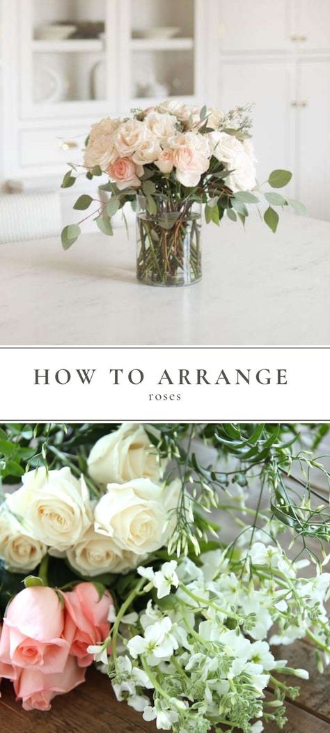 Eucalyptus Roses Centerpiece, Simple Rose Floral Arrangements, Easy Rose Arrangements, Rose Bowl Arrangements, Flower Arrangements With Eucalyptus, Simple Rose Centerpiece, Flower Arranging For Beginners, Garden Rose Centerpiece, Eucalyptus Flower Arrangement