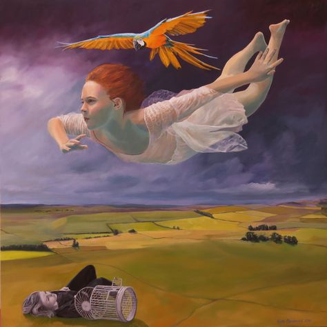 Flying Dream by Elise Macdonald Dreamy Paintings, Narrative Elements, Surrealism Painting, Painting Of Girl, Vintage Collage, Arte Fantasy, Dream Art, Fine Art Gallery, Surreal Art