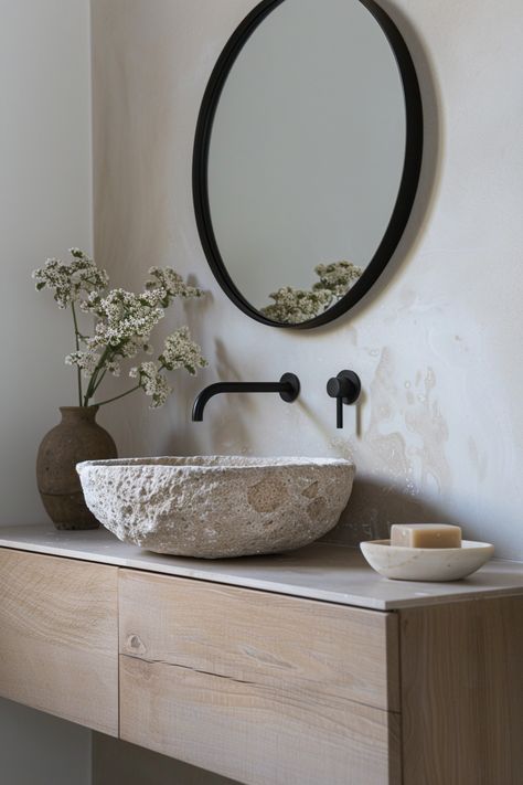 15 Tips to Create an Organic Modern Bathroom – Everyday Inspo Modern Organic Bathroom, Organic Modern Bathroom, Organic Bathroom, Modern Powder Room, Small House Blueprints, New House Bathroom, House Bathrooms, Wood Bathroom Vanity, Aesthetic Bathroom