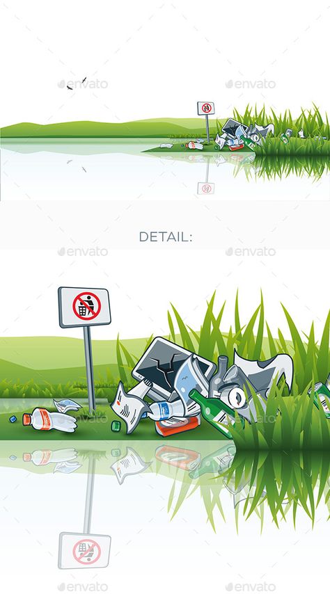 Trash In Water Drawing, No Littering Drawings, Littering Trash Illustration, No Littering Poster, Littering Posters, Clean Moodboard, River Drawing, Farm Cartoon, Forest Drawing