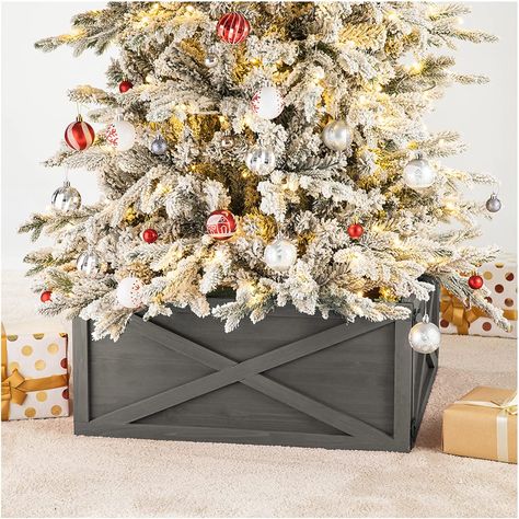 PRICES MAY VARY. ※ Material: This tree collar is made with solid wood and stained in warm gray finish, reusable and durable. And it brings you a modern farmhouse Christmas. ※ Size: It measures 26"L x 26"L x 11.5"H, designed to fit any 9ft high Christmas trees or tree stands less than 36"D. ※ Design & Multi-purpose: The handcrafted tree box collars add a rustic, elegant charm to any home or business. The tree box not only adds beauty and hide the undesirable parts of your tree, but this also prev Wood Tree Collar, Wooden Tree Collar, Tree Stand Cover, Tree Box, Tree Collar, Tree Base, Holiday Store, Wooden Tree, Wooden Christmas Trees