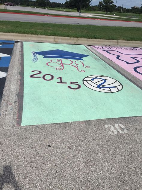 Paint your parking spot!!!!! Can the volleyball no a dance shoes Senior Parking Spot Ideas, Parking Spot Ideas, Parking Lot Painting, Fun Chalk Art, Senior Year Things, Senior Year Fun, Senior Parking Spot, Parking Spot Painting, Senior Day