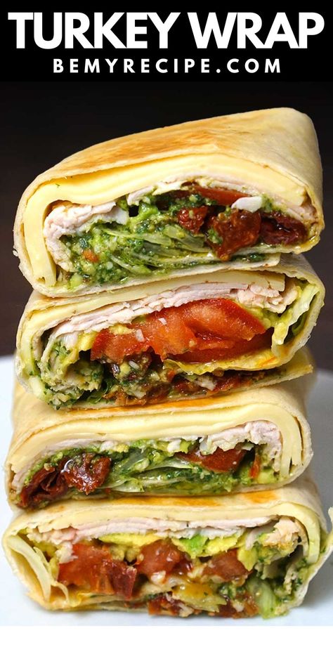 Turkey Wrap with Avocado, Pesto, and Sun-Dried Tomatoes Tortilla Wrap Recipes, Eggplant Feta, Feta Wrap, Turkey Wrap Recipes, Sundried Tomato Recipes, Pesto Wrap, Avocado And Spinach, Turkey Wrap, Breakfast Wrap