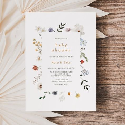 $2.04 | Wildflower Floral Frame Baby Shower Invitation - watercolor illustration, minimalist watercolor baby shower invite, boho rustic modern, wildflowers, tiny flowers, garden baby shower, spring summer baby shower, baby in bloom, cute simple baby shower invite, whimsical baby shower Wild Flower Baby Shower Ideas, Baby Shower Baby In Bloom, Mama To Bee, Baby Shower Spring, Whimsical Baby Shower, Bebe Shower, Garden Baby Showers, Wildflower Baby Shower, Boho Baby Shower Invitations