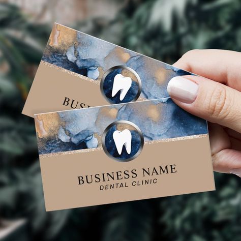 Dentist Modern Navy Blue & Gold Watercolor Dental Office Business Cards. Dental Clinic Glass Stickers, Dentist Card Design, Dental Card Design, Dentist Business Card, Dental Office Marketing, Dental Clinic Design, Dentistry Design, Dental Wallpaper, Dental Business Cards