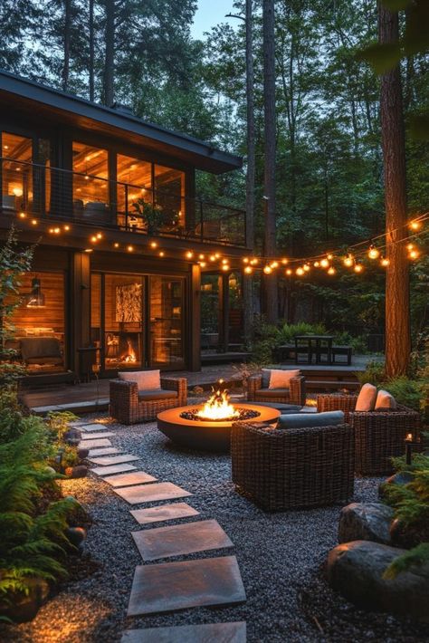 Small Cabin Aesthetic, Backyard Decorating Ideas Diy, Cabin Landscaping, Cabin Backyard, Backyard Decorating Ideas, Aesthetic Outdoors, Backyard Fire Pit Ideas, Stone Pathways, Small Cabin Interiors