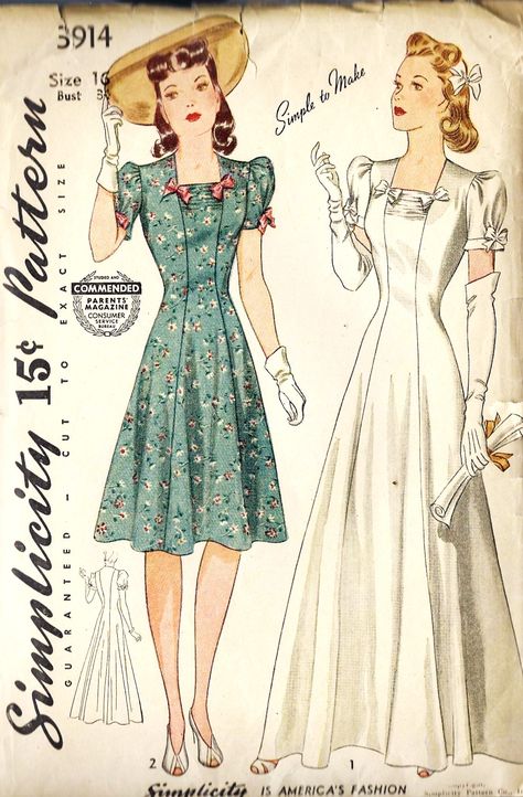 Simplicity 3914; ©1941; Misses' and Junior Graduation or Daytime Dress. This attractive dress is made with becoming princess lines. Gathers at the side edges, below the square neck, may be trimmed with pretty bows of ribbon or self fabric. Short sleeves, gathered at the armhole and lower edge... Daytime Dress, Simplicity Patterns Dresses, Patron Vintage, Fashion 1940s, Attractive Dresses, Princess Line, Graduation Gown, Gown Pattern, Vintage Dress Patterns