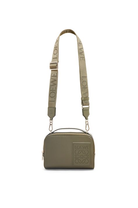 LOEWE Mini Camera Crossbody bag in satin calfskin Khaki Green Loewe Anagram, Mini Camera, Webbing Strap, Khaki Green, Herringbone, Top Handle, Camera Bag, Calf Skin, Cotton Canvas