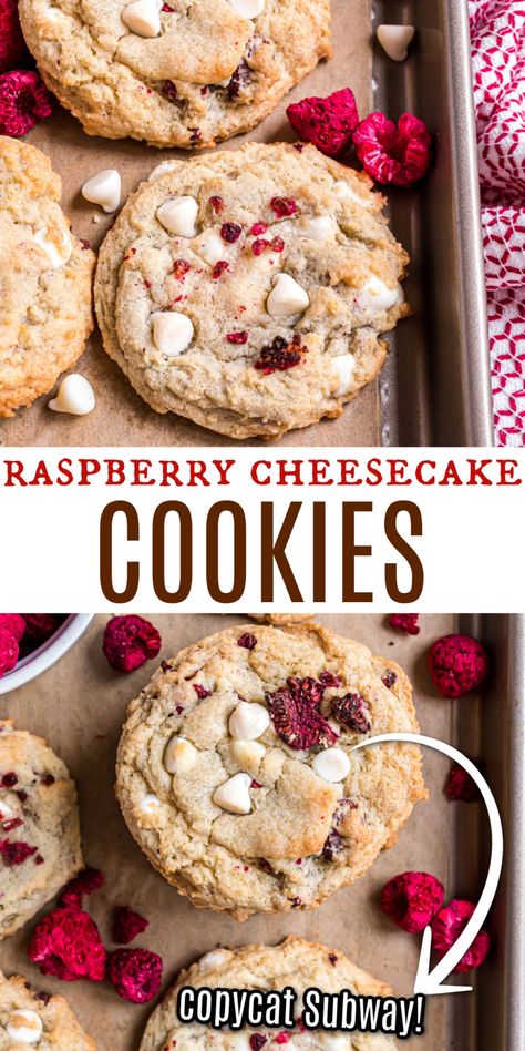 Blackberry Cheesecake Cookies, Subway Cookie Recipes, Raspberry White Chocolate Cookies, Raspberry Cookie Recipes, Adorable Desserts, Subway Cookies, Famous Cookies, Raspberry Cheesecake Cookies, Cheesecake Cookies Recipes