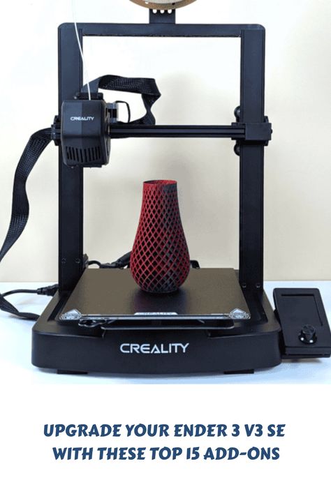 3D printer with a red vase-like object on the print bed and text suggesting an upgrade for the Ender 3 V3 SE model. 3d Printing Business, Best 3d Printer, Ender 3, 3d Printer Filament, Ceramic Heater, Online Tutorials, Led Light Bars, Full Potential, Innovation Technology