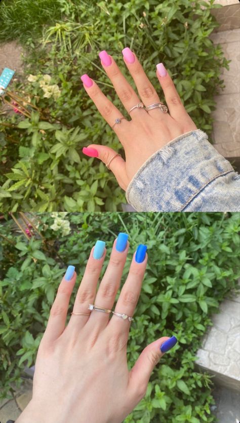 Gradient Summer Nails, Half Pink Half Blue Nails, Summer Nails Blue And Pink, Multi Blue Nails, Pink And Blue Nails Short, Pink And Blue Nails Gender Reveal, Hot Pink And Blue Nails, Gender Nails, Degrade Nails