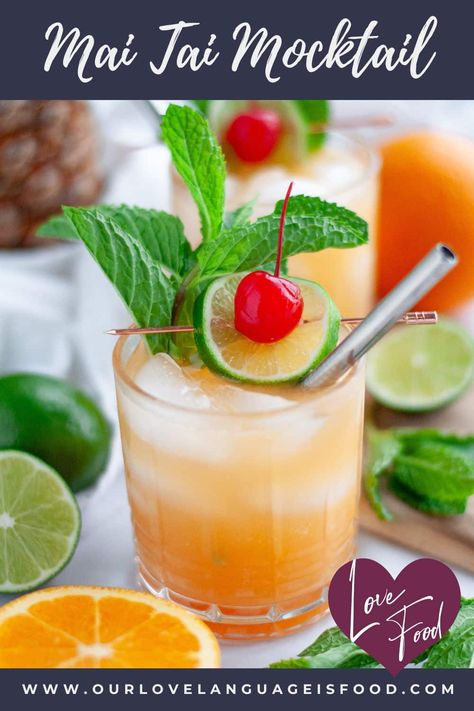 Mai Tai Mocktail Non Alcoholic Tiki Drinks, Mai Tai Mocktail Recipe, Tropical Mocktails For Luau, Pina Colada Mocktail, Mai Tai Recipe, Frozen Pina Colada, Mocktail Drinks, Mojito Mocktail, Hawaiian Recipes