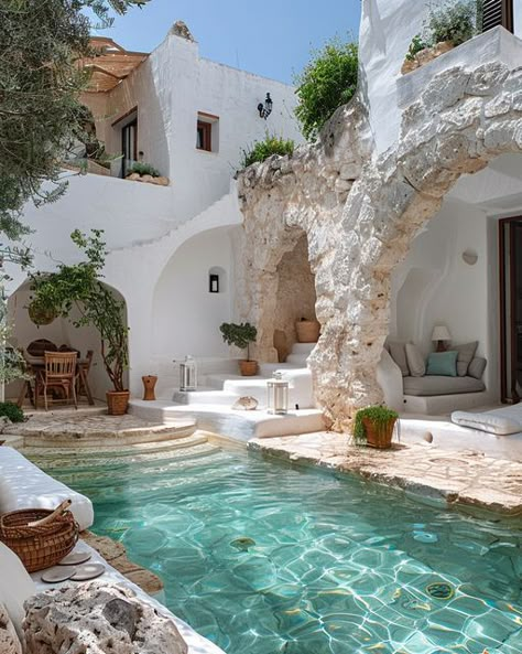 Spain Beach House, Mediterranean Pool House, Spanish Modern Homes, Mediterranean Villa Design, Mediterranean Beach House, Greek Homes, Mediterranean Pool, Ibiza House, Greek Home