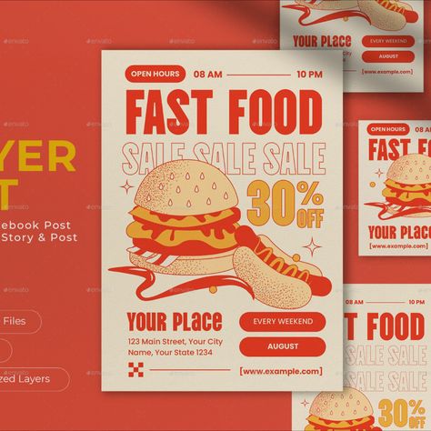 Cream Retro Fast Food Sale Flyer Set Food Special Offer Poster Design, Flyers Food Design, Poster Discount Design, Menu Fast Food Design, Restaurant Event Poster, Fast Food Graphic Design, Advertisement Poster Ideas, Flyer Food Design, Set Menu Design