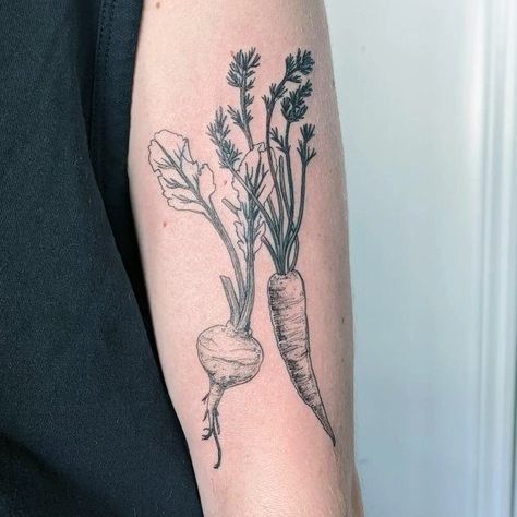 Botanical Vegetable Tattoo, Rutabaga Tattoo, Root Vegetable Tattoo, Fruit And Veggie Tattoo, Food Tattoos For Women, Farmers Market Tattoo, Vegetable Tattoo Ideas, Produce Tattoo, Broccoli Tattoo