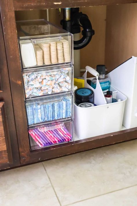 how to organize tampons Bathroom Feminine Storage, Feminine Product Storage Under Sink, Feminine Care Organization, Pad Organization Storage, Feminine Products Storage, Women’s Bathroom Organization, Organizing Feminine Products, How To Store Sanitary Pads In Bathroom, Organize Feminine Products Bathroom