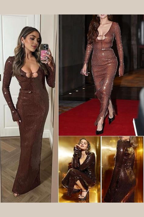 Make a statement at your next evening event with this show-stopping brown sequined dress. Its fitted silhouette, intricate details, and dazzling sequins ensure you'll turn heads. Complete your look with strappy heels, bold makeup, and statement accessories for an unforgettable fashion moment.
.
#Fashion #GlamorousEvening #SequinedPerfection #BrownDressGoals #EveningStyleInspo #OOTD Women Long Gown, Deep V Dress, Long Sleeve Sequin Dress, Long Sleeve Sequin, Brown Dress, Glam Fashion, Long Gown, Sequin Dress, Date Night