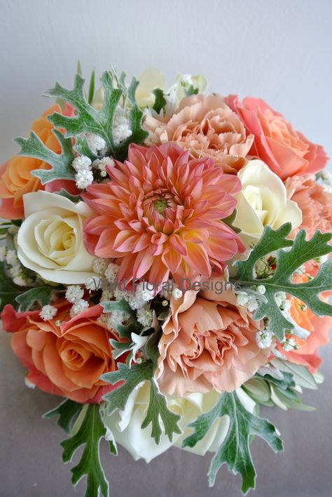 Coral wedding flowers, bridesmaids bouquet, Dahlia, Roses, Carnations, Gyp, Dusty miller. Dahlia Flower Wedding Bridal Bouquets, Coral Pink Bouquet, Coral Roses Bouquet, Dusty Coral Wedding, Color Combos Wedding, Burgundy Groomsmen, Coral Wedding Bouquet, Wedding Flowers Bridesmaids, Wedding Flowers Burgundy