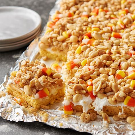 Candy Peanut Chews Recipe, Scarecrow Treats, Peanut Chews, Payday Bars, Candy Corn Sugar Cookies, Fall Yummies, Halloween Sweet Treats, Peanut Bar, Candy Corn Cookies