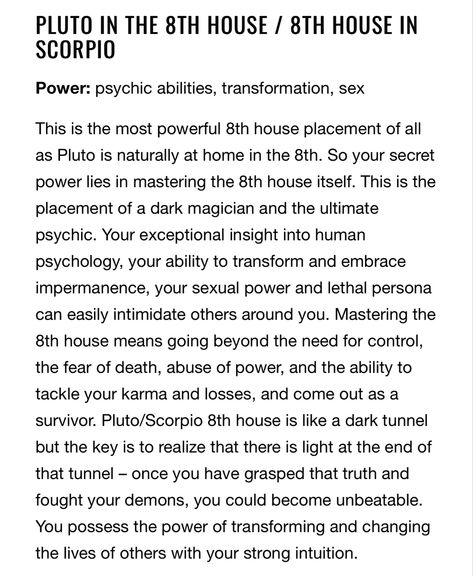 Pluto in the 8th House (calculations: Placidus, Koch, Porphyry, Regiomontanus, Equal House, Whole Sign) Scorpio In Pluto, Pluto In 8th House, 8th House Astrology, Pluto Scorpio, Astro Houses, Archer Woman, House Astrology, Scorpio Ascendant, Pluto In Scorpio