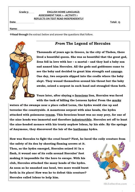 HERCULES - English ESL Worksheets for distance learning and physical classrooms Esl Reading Comprehension, Myth Stories, Greek Civilization, Labors Of Hercules, Esl Reading, English Short Stories, Comprehension Exercises, Reading Comprehension Lessons, Reading Comprehension Activities