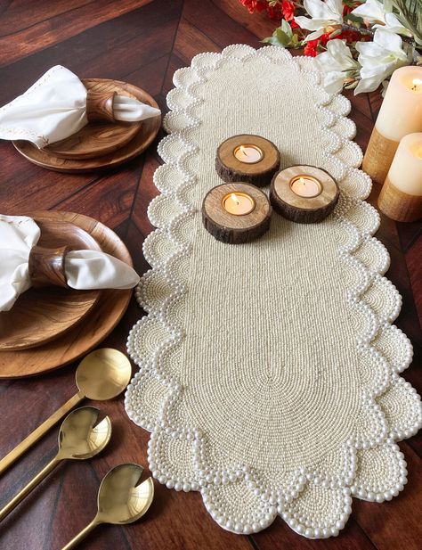 Scallop Table, White Wedding Table, Beaded Table Runner, Beaded Table, Wedding Table Runner, New Year Table, Farmhouse Table Runners, Macrame Table Runner, Table Decor Living Room