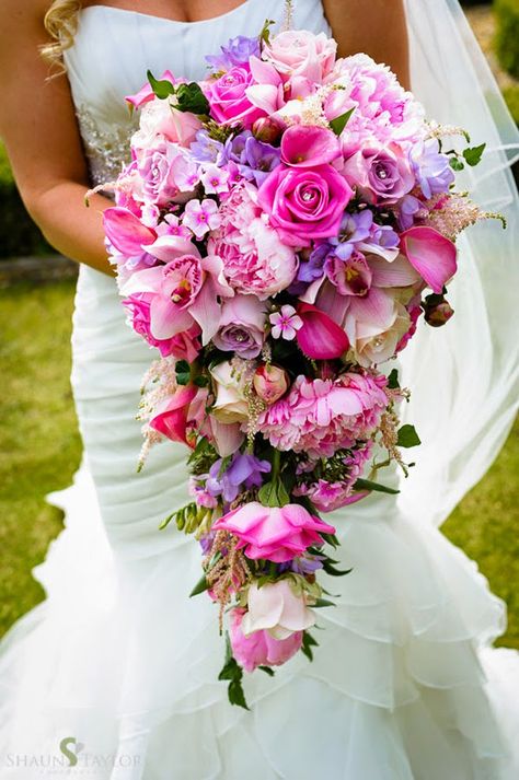 Cascading Bouquet ~ Shaun Taylor Photography, Black Eyed Susan | bellethemagazine.com Cascading Wedding Bouquets, Round Bouquet, Bouquet Bride, English Wedding, Inexpensive Wedding, Cascade Bouquet, Countryside Wedding, Pink And Purple Flowers, Bride Bouquets