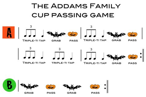 Cup Passing Game to the Addams Family Theme Song                                                                                                                                                                                 More Halloween Music Lessons, Halloween Music Activities, Addams Family Theme, Elementary Music Room, Music Class Activities, Elementary Music Class, Middle School Music, Elementary Music Lessons, Elementary Music Education