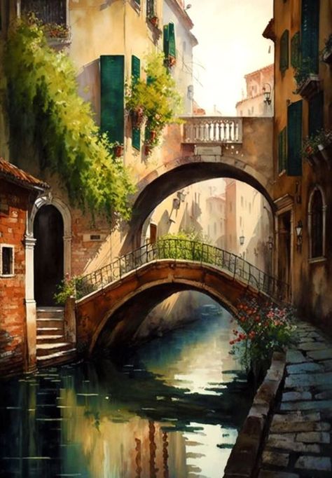 Bridge Art Paintings, Acrylic Portrait Painting, Watercolor Scenery, Venice Painting, Bridge Painting, Art Assignments, Bridge Art, Bridge Photography, Italy Painting