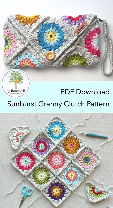 Pin shows two photos, one of a colourful crochet clutch, and the other of colourful granny squares laid out on a table about to be assembled. The title dividing the two photos shows the By Bonnie B logo, and reads "PDF Download Sunburst Granny Clutch Pattern". Granny Triangle, Crochet Small Bag, Crochet Clutch Bags, Clutch Pattern, Crochet Terms, Square Envelopes, Crochet Pouch, Crochet Clutch, Granny Squares