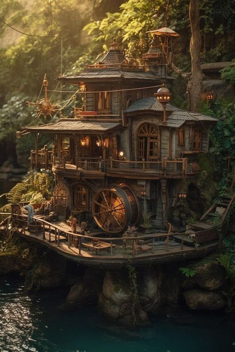 Hidden Mountain House, Fantasy Pirate Town, Fantasy Pirate City, Pirate Town Aesthetic, Pirate Architecture, Pirate Village, Pirate Castle, Pirate City, Pirate Town