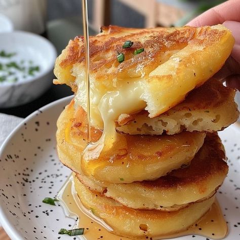 Stuffed Potato Pancakes, Potato Cheese Pancakes Recipe, Potato Pancakes With Cheese, Honey Butter Potato Pancakes, Potato Pancakes With Applesauce, Butter Potatoes, Cheddar Bay Biscuits, Grated Potato, Savory Pancakes