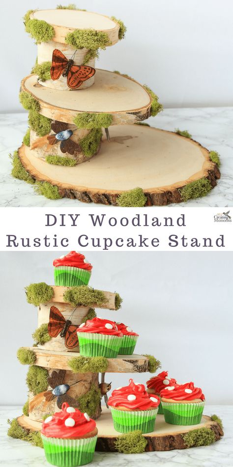 Make your Dessert Tables the envy of every Baby shower or Themed wedding with this step-by-step tutorial on how to make A DIY Fairy Woodland Rustic Wood Cupcake Stand! It also makes a great birthday cake stand for all your party ideas and made from simple tree stump wood slices, and moss accents. Rustic Cupcake Stands, Wood Cupcake Stand, Birthday Cake Stand, Rustic Cupcakes, Diy Woodland, Fairy Baby Showers, Diy Dessert, Babyshower Party, Baby Shower Vintage