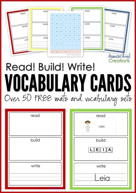 Over 50 FREE vocabulary mats and card sets for Read! Build! Write! vocabulary mats || Homeschool Creations Writing Mats Free Printable, Read It Make It Write It Free, Read Build Write Mats Free, Vocabulary For Preschoolers, Read It Build It Write It Free Printable, Word Builder Mat, Read It Write It Build It Free, Build A Word Free Printable, Say It Build It Write It Free Printable