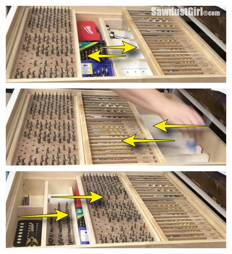 sliding-storage-tray-collage Drawer Plans, Sliding Storage, Casa Garage, Sawdust Girl, Tool Drawers, Garage Atelier, Diy Rangement, Garage Storage Solutions, Garage Tool Storage