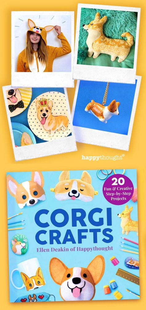 Get crafty with these adorable Corgi-themed DIY projects, perfect for novice or expert crafters. Each project comes with step-by-step photo instructions. Everything that you will need to craft each project is listed in the book along with templates and guides. So let’s get crafting! Corgi hoody, corgi planter, corgi necklace, corgi plush, corgi cushion, corgi mask and more! Corgi Crafts, Corgi Party, Corgi Face, Corgi Plush, Corgi Dogs, Corgi Gifts, Quick Stitch, Dog Crafts, Local Crafts