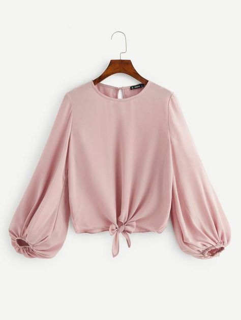 SheinShein Keyhole Back Lantern Sleeve Knot Hem Top Top Shein, Fashion Tops Blouse, Muslim Fashion Dress, Trendy Fashion Tops, Muslim Fashion Outfits, Muslimah Fashion Outfits, Crop Top Outfits, Hem Top, Girls Fashion Clothes