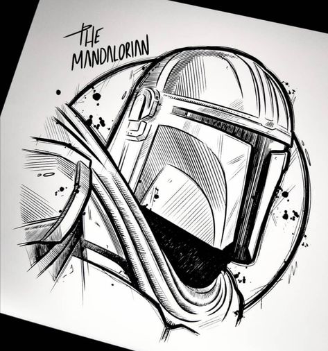 Mandalorian Drawing Pencil, Mandolorians Drawing, The Mandalorian Sketch, Mando Sketch, Starwars Drawing Ideas, Mando Drawing, Drawing Mandalorian, Mandalorian Helmet Tattoo, Star Wars Drawings Sketch