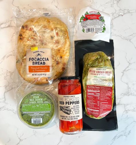 Trader Joes Focaccia Bread Sandwich, 4 Ingredient Trader Joes Meals, Trader Joes Pesto Chicken Breast, Trader Joes Pesto Chicken Recipe, Trader Joe’s Pesto Chicken Recipes, Trader Joe’s Sandwich, Trader Joes 5 Items Or Less, Pesto Chicken Sandwich, Tomato Basil Chicken Recipe