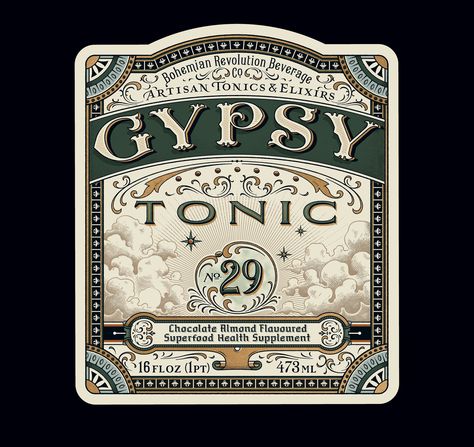 A new label design for the Bohemian Revolution Beverage Companies health food drink Gypsy Tonic. The design draws inspiration from the look and feel of the 1800’s Apothecary scene. Apothecary Graphic Design, Vintage Packaging Ideas, Gothic Packaging, Victorian Packaging, 1800s Apothecary, Vintage Packaging Design, Apothecary Art, Apothecary Design, Halloween Apothecary