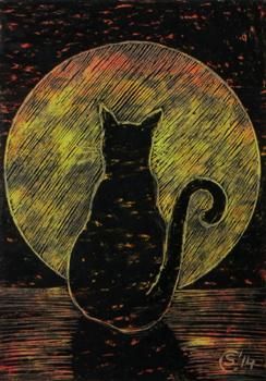 Black CAT 26 full moon night Halloween colored oil pastels painting Sandrine Curtiss Paintings Of Cats, Pen Portraits, Colored Pencils Art, Commissions Art, Scratch Paper Art, Art Deco Illustrations, Pencils Art, Art Gouache, Scratchboard Art