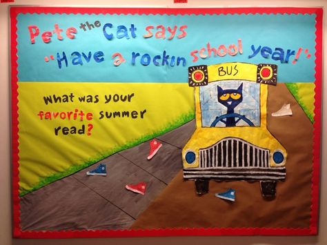 Our Central-KIDS back to school bulletin  board starring Pete the Cat! We're asking pple to write their favorite book of the summer on the sneakers. :-) Pete The Cat Bulletin Board Ideas, Pete The Cat Bulletin Board, Cat Bulletin Board, September Bulletin Boards, School Library Bulletin Boards, Elementary Bulletin Boards, Library Bulletin Board, Pete The Cats, Reading Bulletin Boards