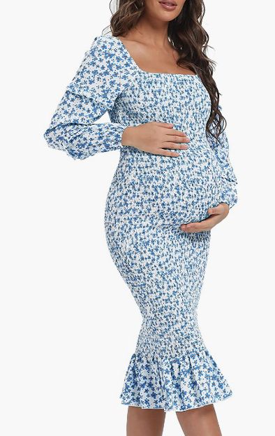 Maternity Summer Floral Midi Bodycon Dresses, Short Puff Sleeve Square Neck Ruffle Hem Mermaid Baby Shower Dress Baby Shower Dresses Blue, Baby Boy Shower Outfit For Mom, Baby Shower Dress For Mom, Blue Baby Shower Dress, Maternity Summer, Plus Size Maternity Dresses, Maternity Clothes Summer, Maternity Dresses For Baby Shower, Baby Shower Dress