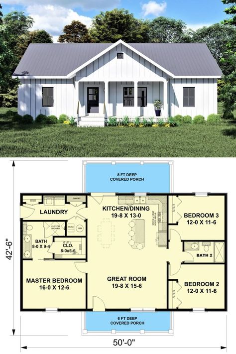 American House Design, Southern Country Homes, 3 Bedroom Floor Plan, American House Plans, Cottage Floor Plans, American House, Tiny House Floor Plans, Bedroom Floor Plans, House Blueprints