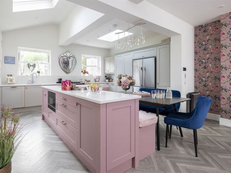 Pink And Blue Kitchen, Teal Cushions, Blue Velvet Sofa, Kitchen Company, Shaker Style Kitchens, Chimney Breast, Cushions To Make, Blue Kitchen, Family Kitchen