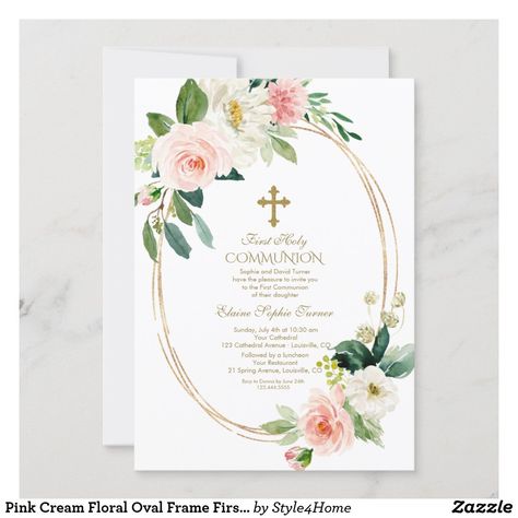 Holy Communion Invitations, First Communion Invitations, Floral Cards Design, Girl 1st Birthday, Girl Baptism, 1st Birthday Decorations, Communion Invitations, Baptism Invitation, Blush Flowers