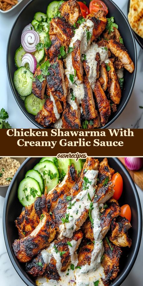 Chicken Shawarma, Creamy Garlic Sauce, Middle Eastern cuisine, Homemade marinade, Grilled chicken, Mediterranean flavors Garlic Sauce Shawarma, Garlic Sauce For Chicken, Grilled Vegetable Skewers, Chicken Shawarma Recipe, Delicious Family Dinners, Vegetable Skewers, Shawarma Recipe, Creamy Garlic Sauce, Weekend Meals